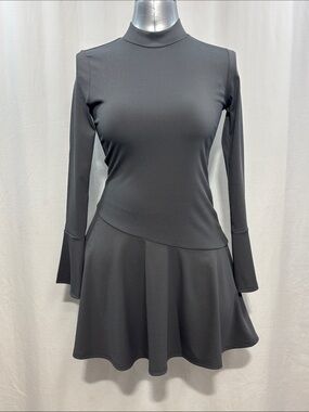 Mock Neck Grey Long-Sleeve Fit & Flare Dress
